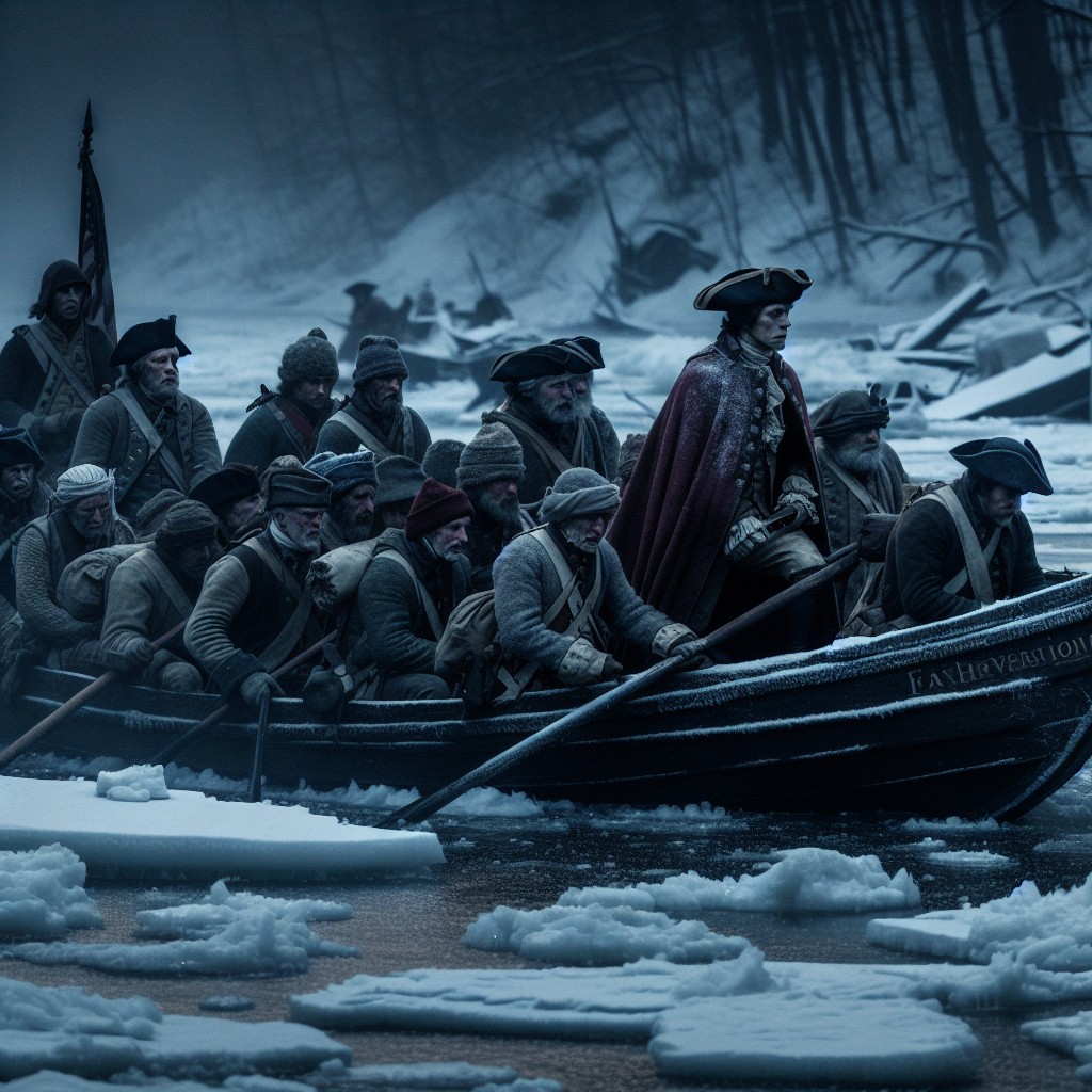 A group of Revolutionary War soldiers in winter clothing row a wooden boat through icy water, led by a standing figure in a cloak; snow and ice cover the scene, with a dark, forested background.