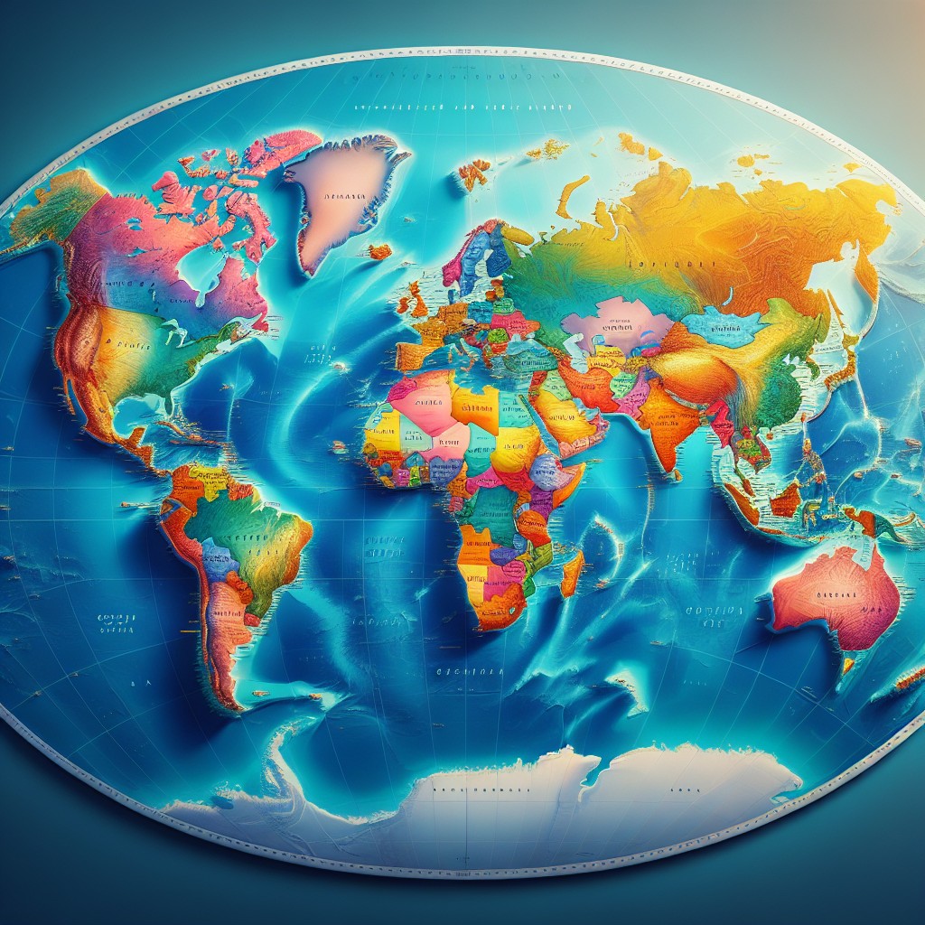 A colourful, detailed world map displays world countries with distinct borders and vibrant shades, set against a blue ocean background on a round, slightly tilted globe.