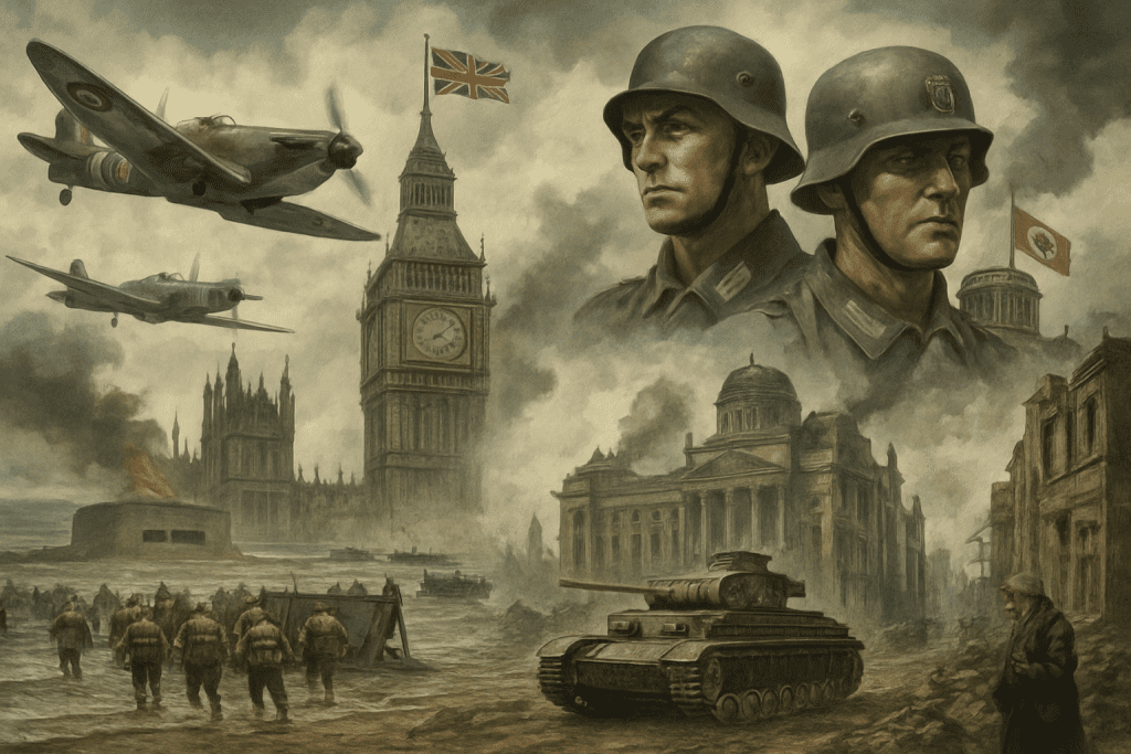 A wartime scene shows British and German soldiers, tanks, aeroplanes, and ruined buildings, with Big Ben and the Union Flag on one side and the Nazi flag on the other, symbolising WWII conflict between Britain and Germany.